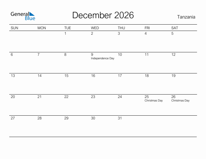 Printable December 2026 Calendar for Tanzania