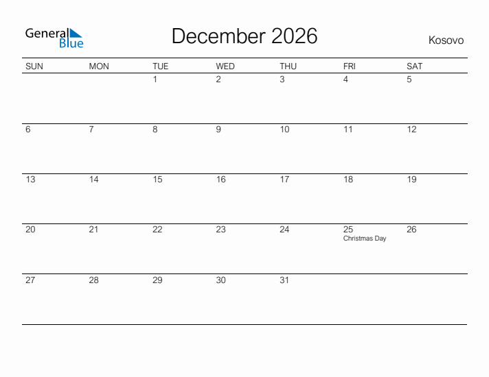 Printable December 2026 Calendar for Kosovo