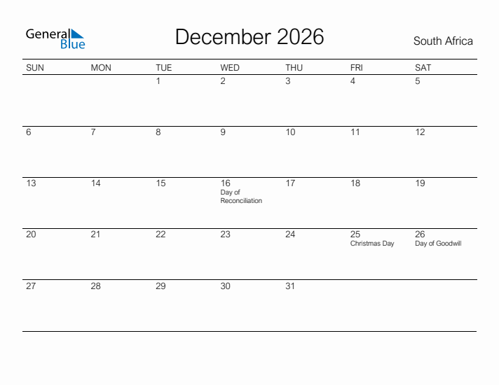 Printable December 2026 Calendar for South Africa