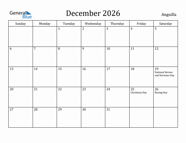 December 2026 Calendar Anguilla
