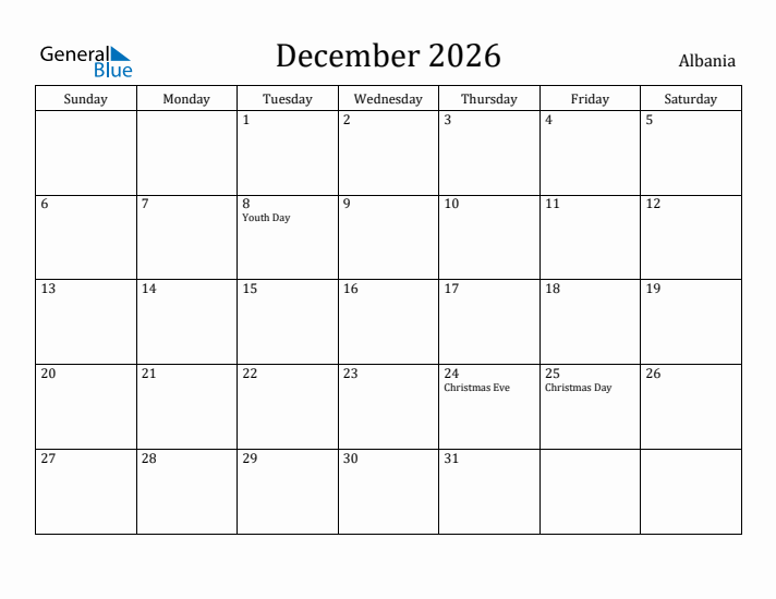 December 2026 Calendar Albania