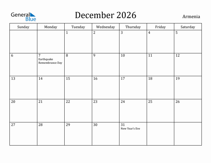 December 2026 Calendar Armenia