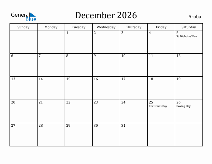 December 2026 Calendar Aruba