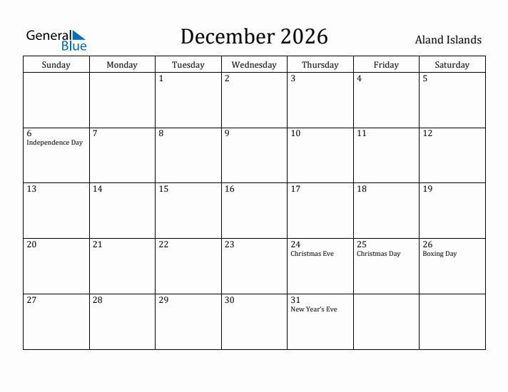 December 2026 Calendar Aland Islands