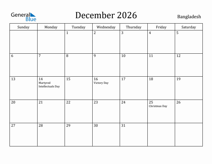 December 2026 Calendar Bangladesh
