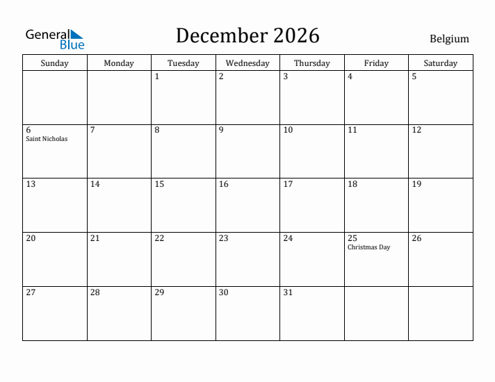 December 2026 Calendar Belgium
