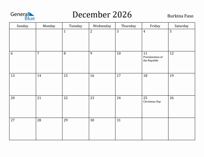 December 2026 Calendar Burkina Faso