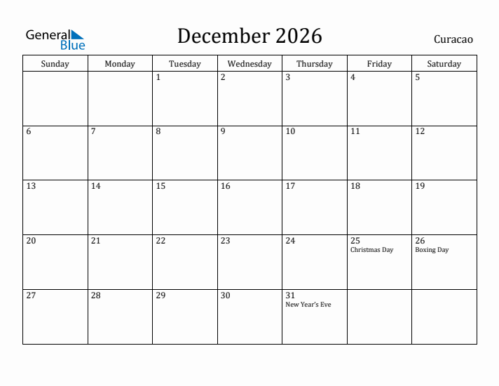 December 2026 Calendar Curacao