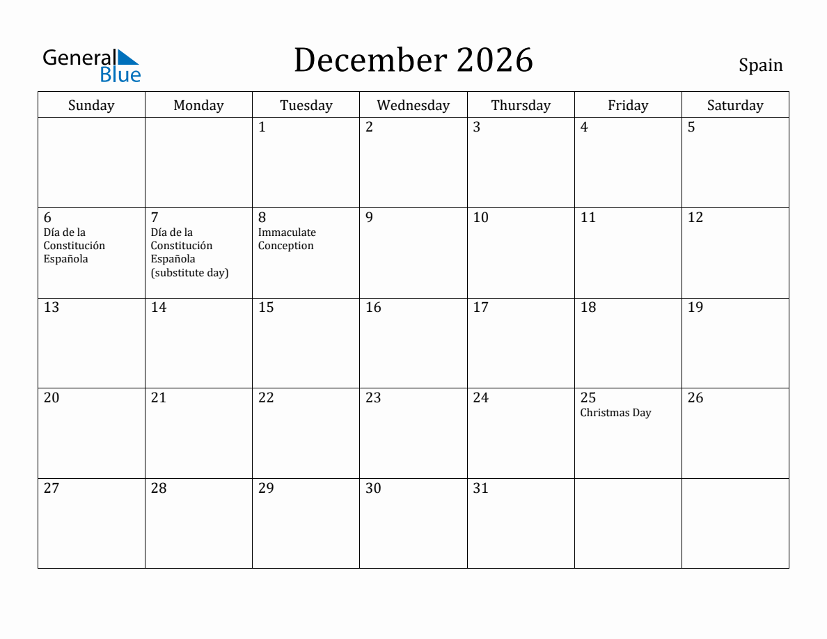 December 2026 Monthly Calendar with Spain Holidays