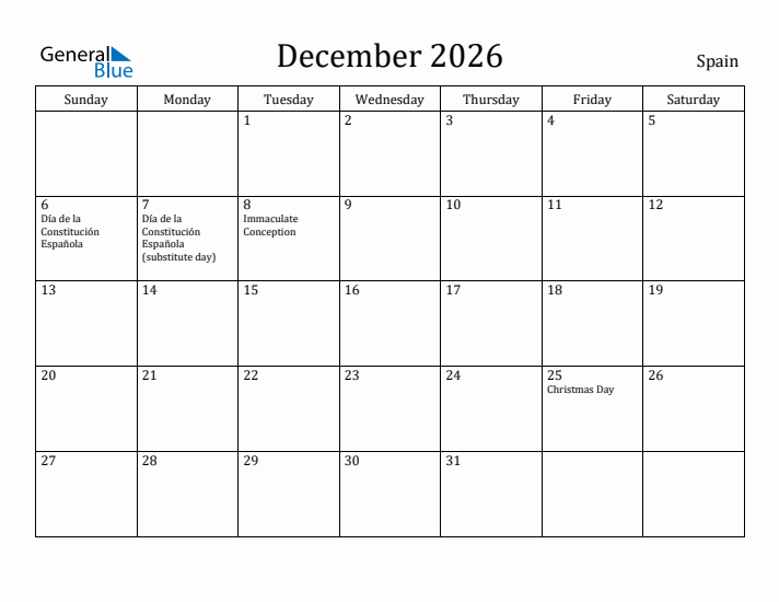 December 2026 Calendar Spain