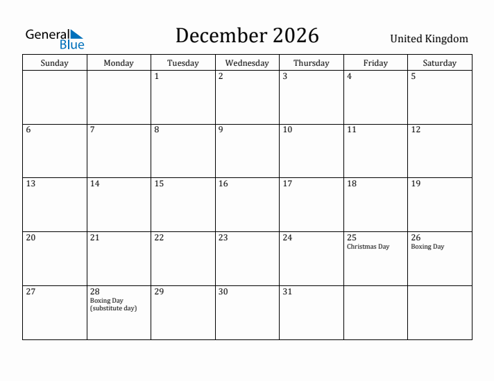 December 2026 Calendar United Kingdom