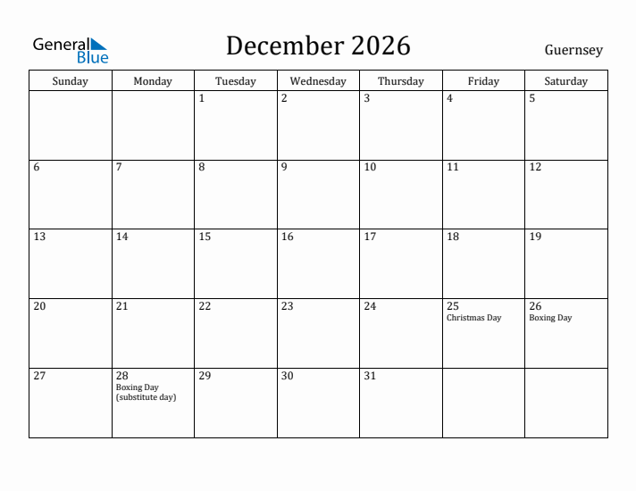 December 2026 Calendar Guernsey