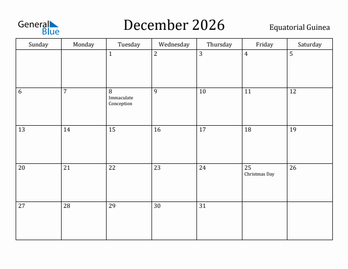 December 2026 Calendar Equatorial Guinea