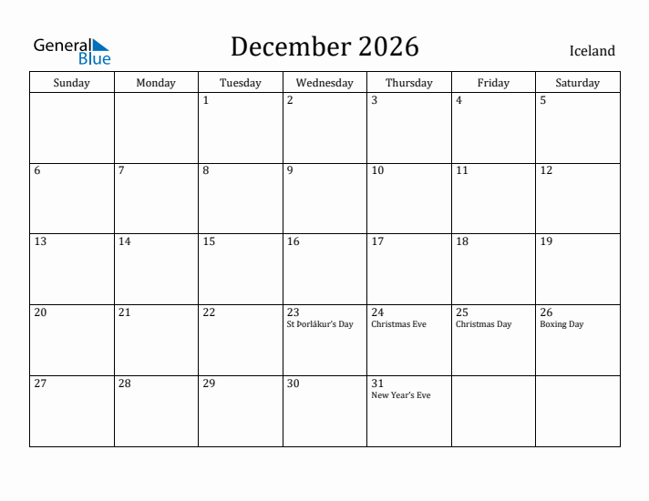 December 2026 Calendar Iceland