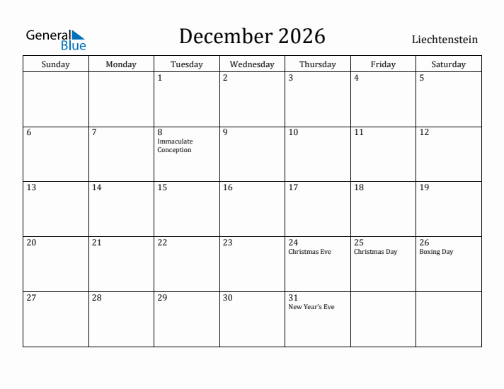 December 2026 Calendar Liechtenstein