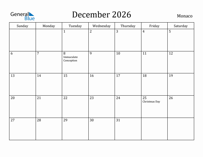 December 2026 Calendar Monaco