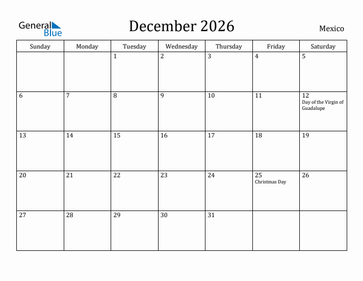 December 2026 Calendar Mexico