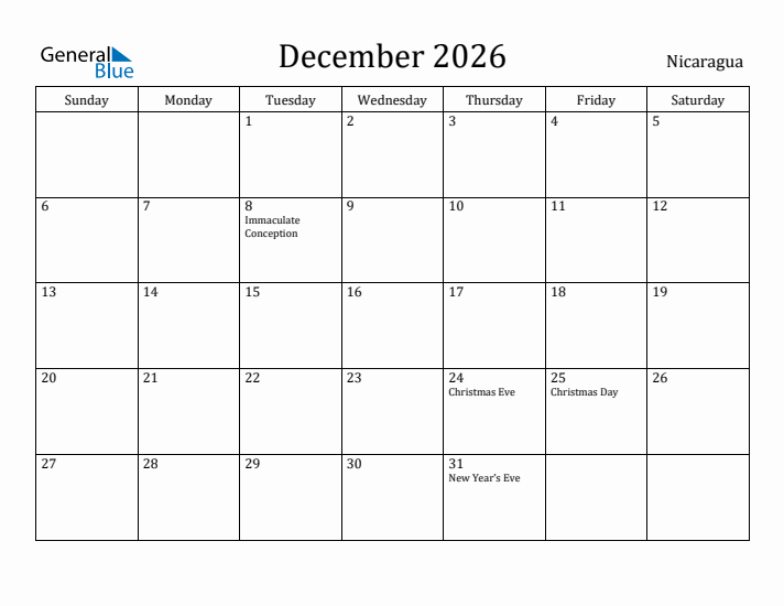 December 2026 Calendar Nicaragua