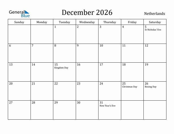 December 2026 Calendar The Netherlands