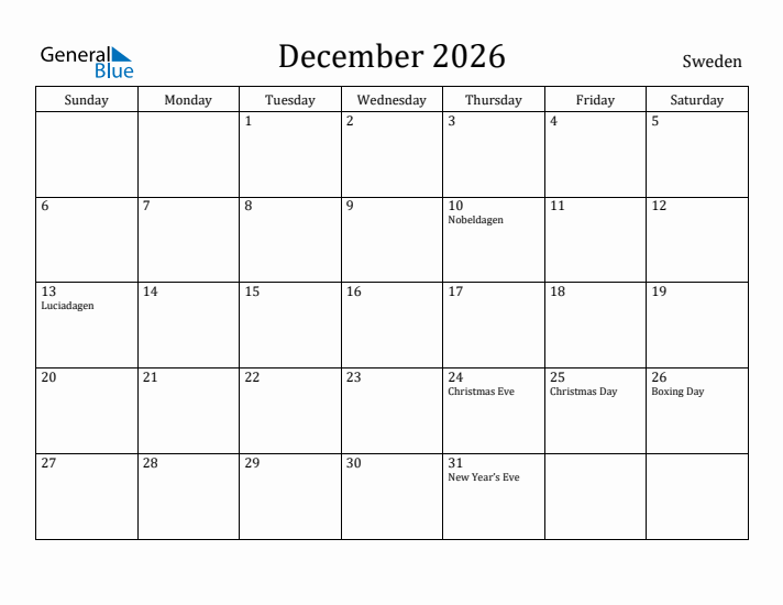 December 2026 Calendar Sweden