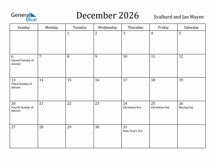 December 2026 Calendar Svalbard and Jan Mayen