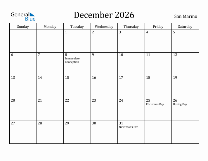 December 2026 Calendar San Marino