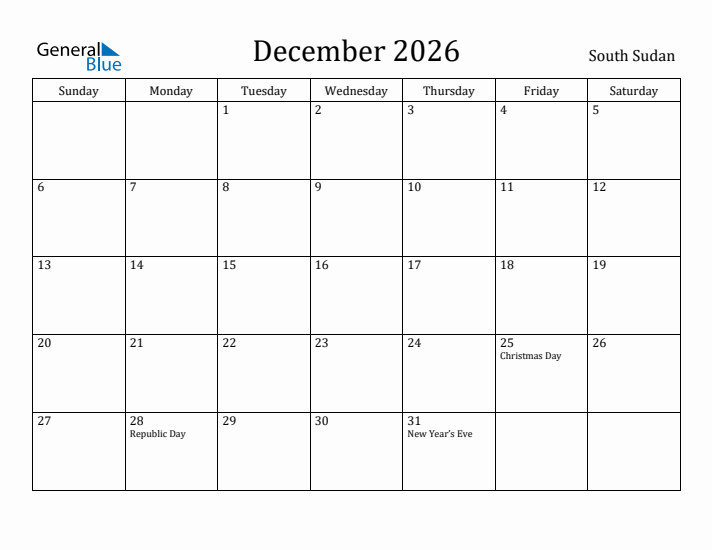 December 2026 Calendar South Sudan