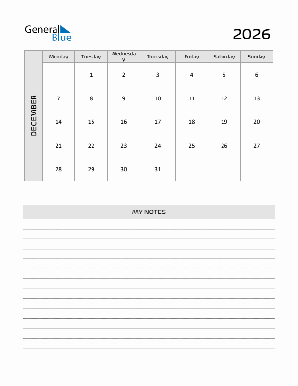 December 2026 Calendar Printable