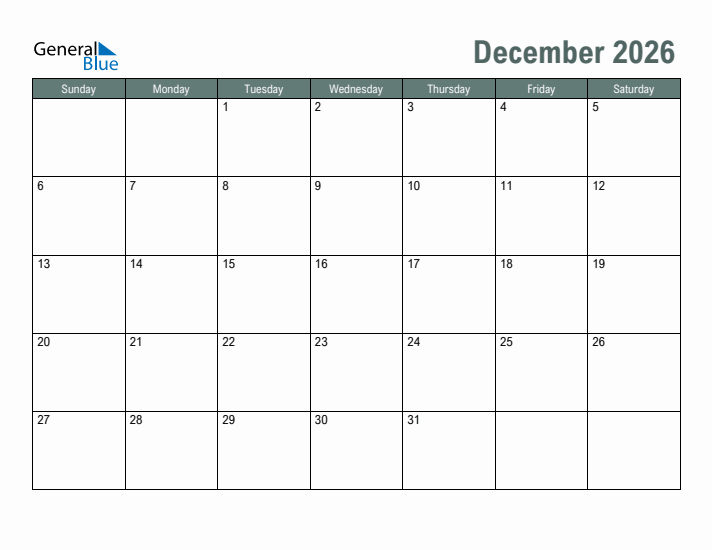Free Printable December 2026 Calendar