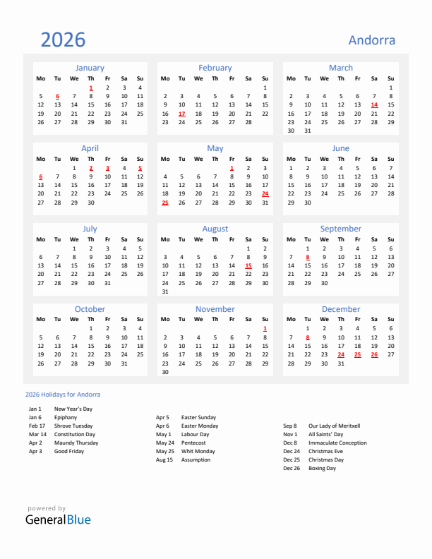 Basic Yearly Calendar with Holidays in Andorra for 2026 