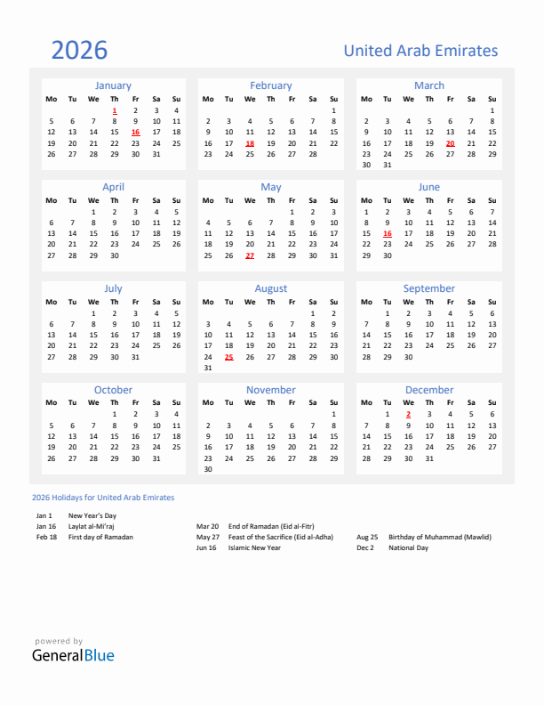 Basic Yearly Calendar with Holidays in United Arab Emirates for 2026 
