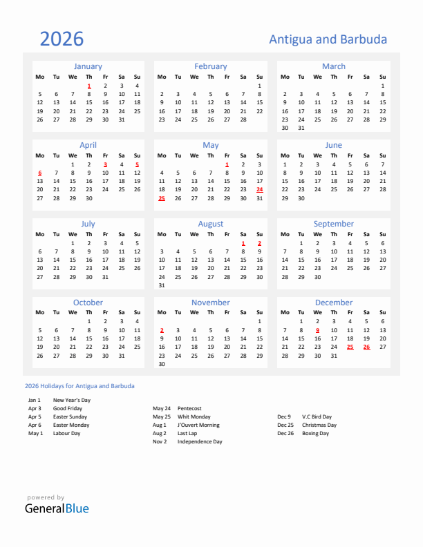 Basic Yearly Calendar with Holidays in Antigua and Barbuda for 2026 