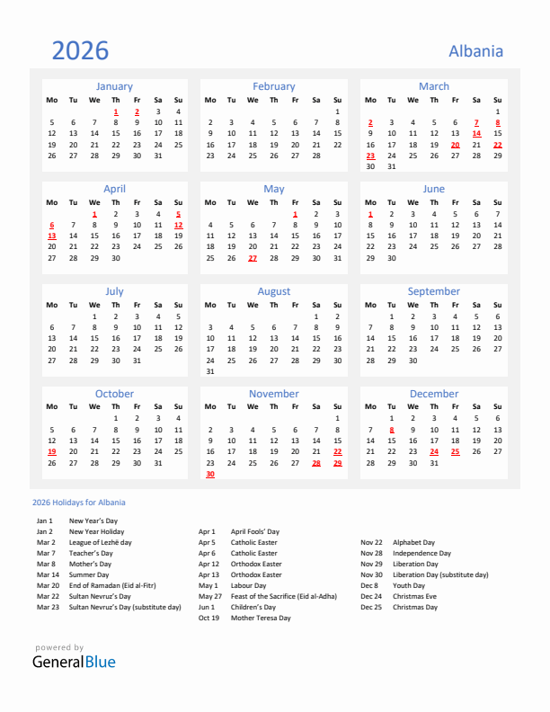 Basic Yearly Calendar with Holidays in Albania for 2026 