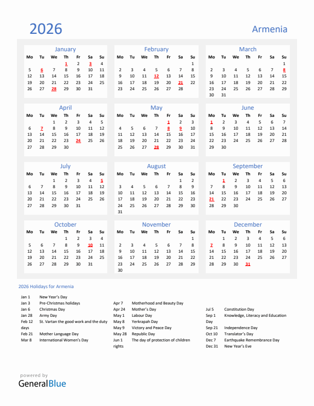 Basic Yearly Calendar with Holidays in Armenia for 2026 