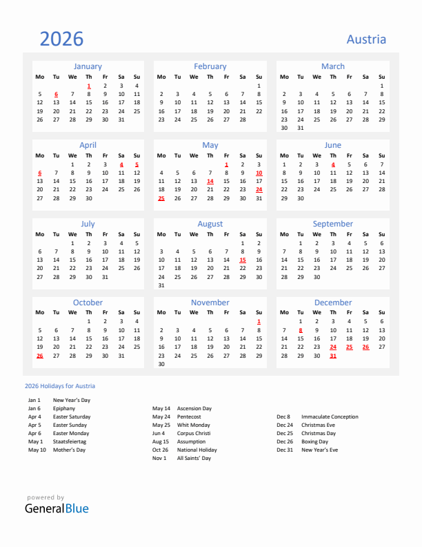 Basic Yearly Calendar with Holidays in Austria for 2026 