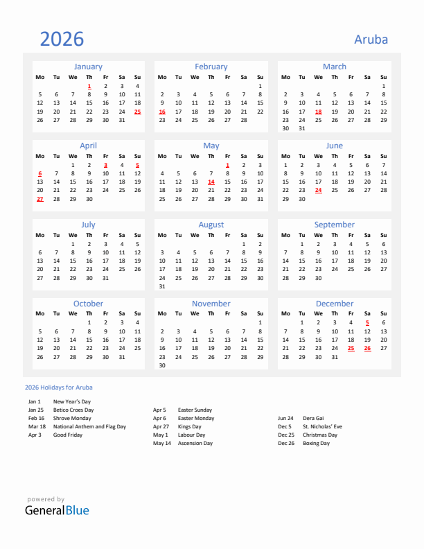 Basic Yearly Calendar with Holidays in Aruba for 2026 
