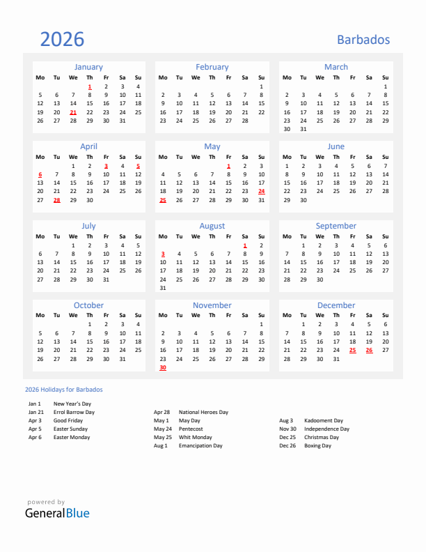 Basic Yearly Calendar with Holidays in Barbados for 2026 