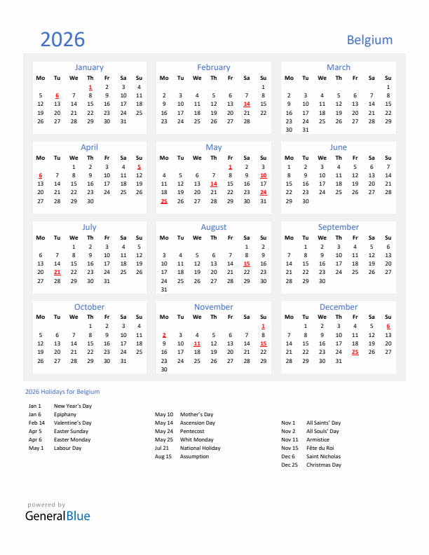 Basic Yearly Calendar with Holidays in Belgium for 2026 