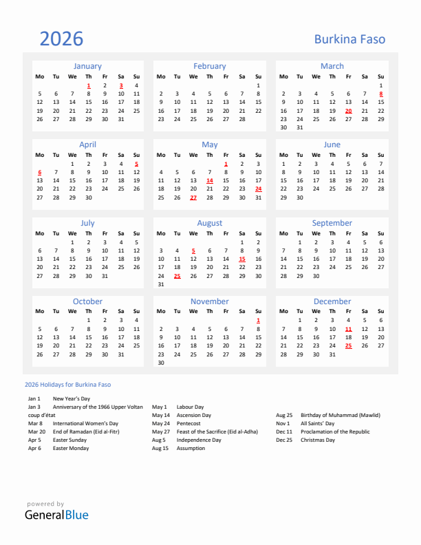 Basic Yearly Calendar with Holidays in Burkina Faso for 2026 