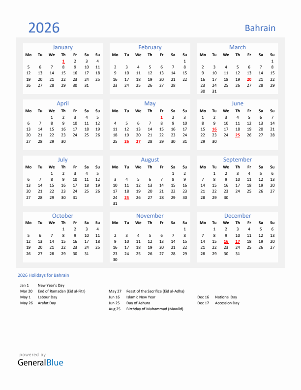 Basic Yearly Calendar with Holidays in Bahrain for 2026 