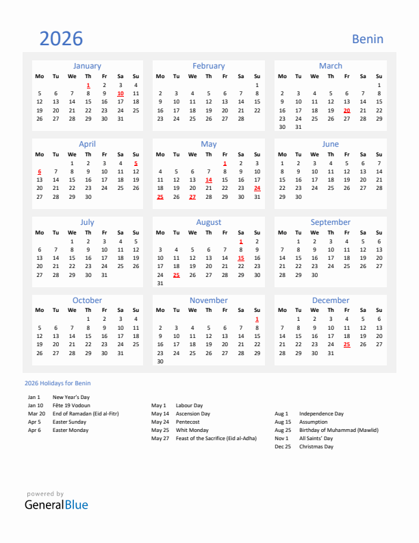 Basic Yearly Calendar with Holidays in Benin for 2026 