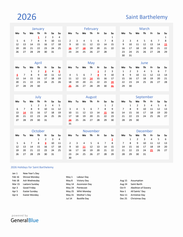 Basic Yearly Calendar with Holidays in Saint Barthelemy for 2026 
