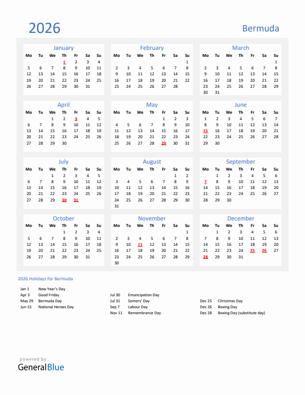 Basic Yearly Calendar with Holidays in Bermuda for 2026 