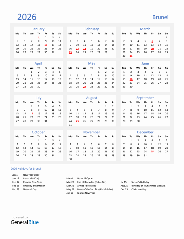 Basic Yearly Calendar with Holidays in Brunei for 2026 