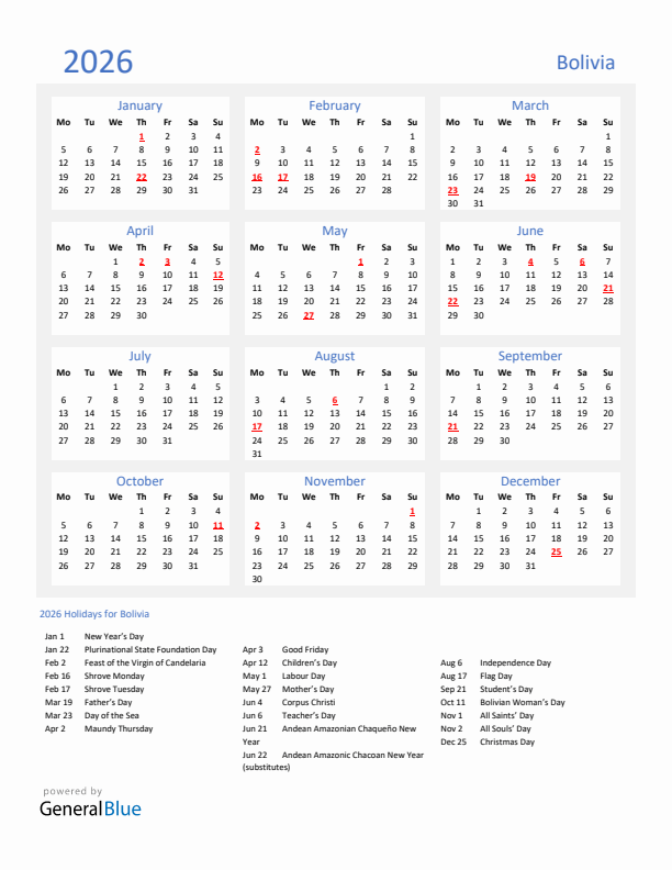 Basic Yearly Calendar with Holidays in Bolivia for 2026 