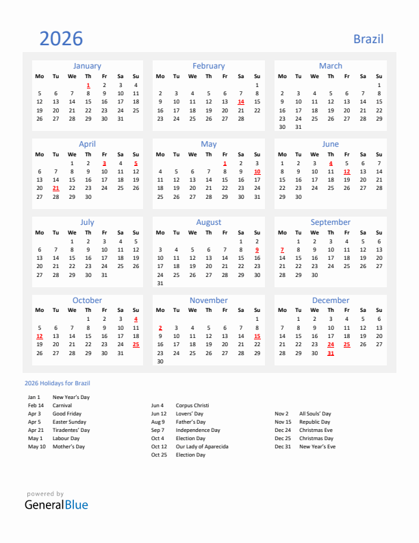 Basic Yearly Calendar with Holidays in Brazil for 2026 
