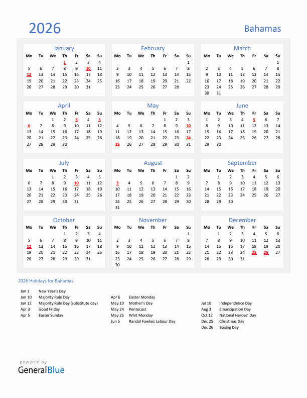 Basic Yearly Calendar with Holidays in Bahamas for 2026 