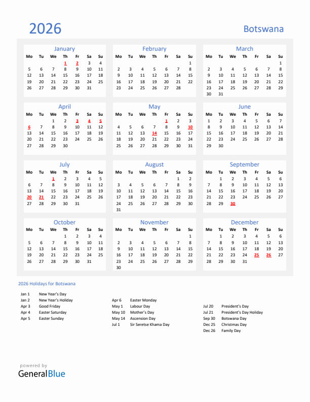 Basic Yearly Calendar with Holidays in Botswana for 2026 