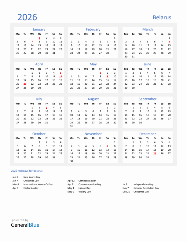 Basic Yearly Calendar with Holidays in Belarus for 2026 