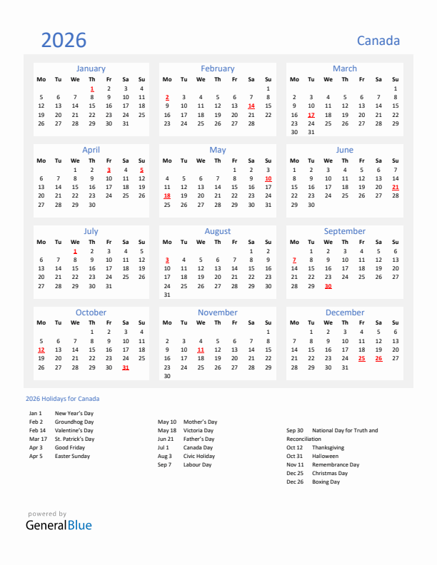Basic Yearly Calendar with Holidays in Canada for 2026 